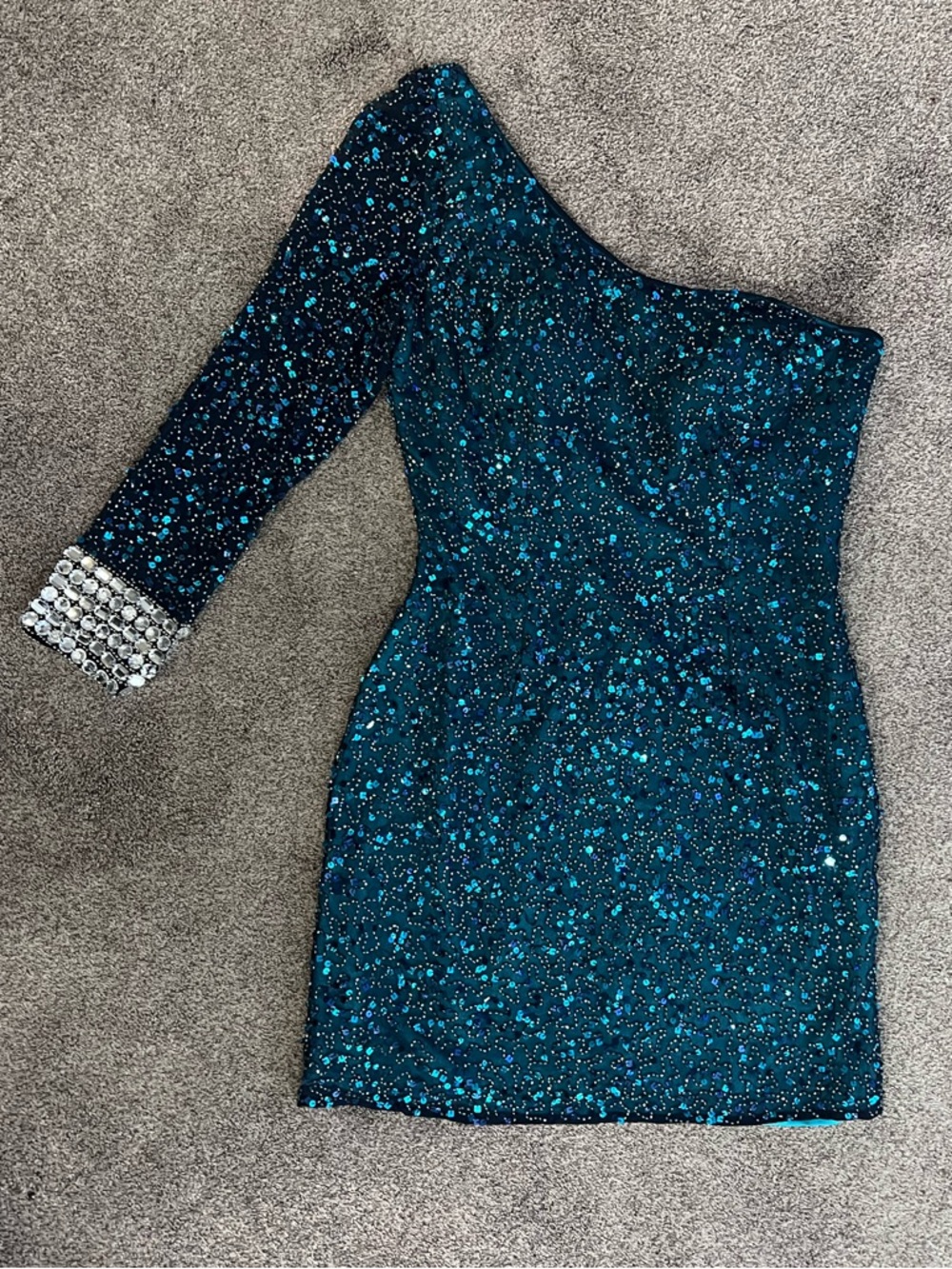 Shail K. Silk One Shoulder Aqua Blue Sequin Mini Sequin Dress Sz. 10